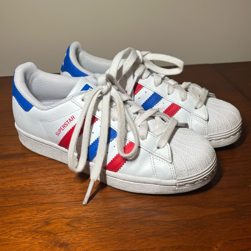 Kids Superstar White Sneakers with Red and Blue Stripes